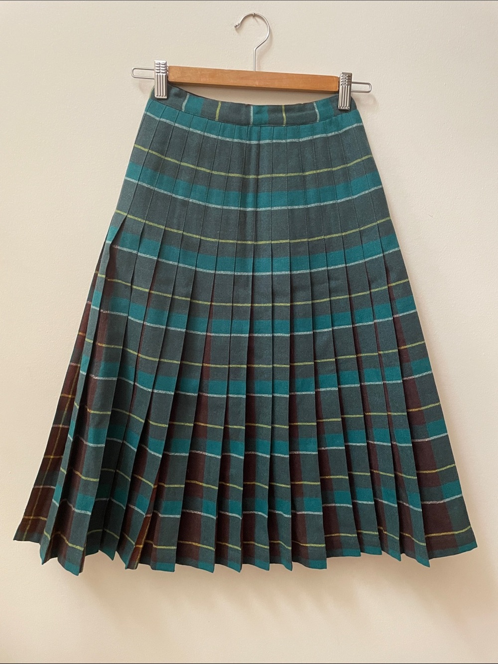 Vintage 60s Green Plaid Pleated Wool Skirt
